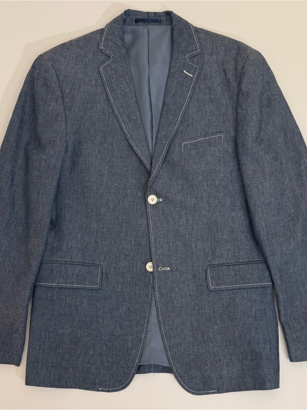 Enzo Tovare Blue 100% Linen Sport Coat Blazer White Contrast Stitching 38R